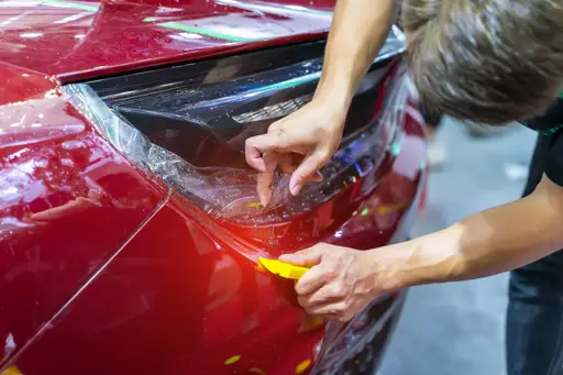 Worker install car paint protection film with spatula by kynny